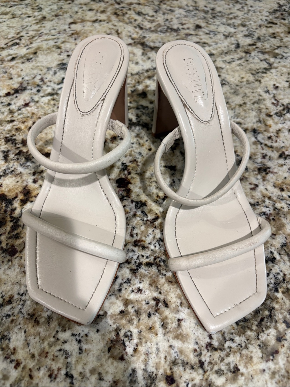 SCHUTZ Cream Double-Strap Square-Toe Block Heels